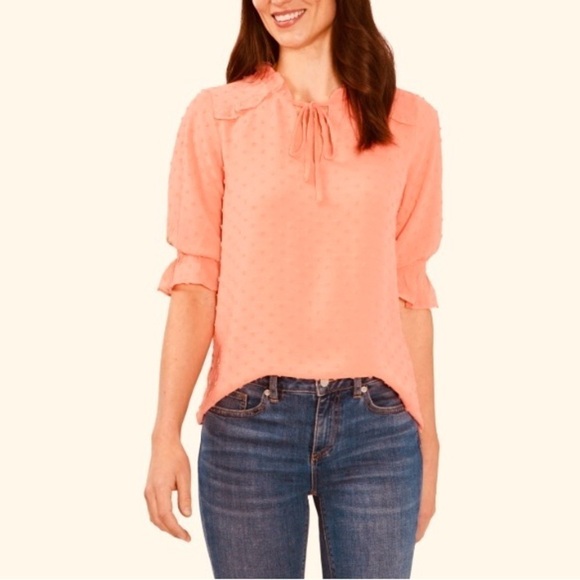 CeCe Split Neck Clip Dot Chiffon Blouse Womens Size Medium Coral - Picture 5 of 10